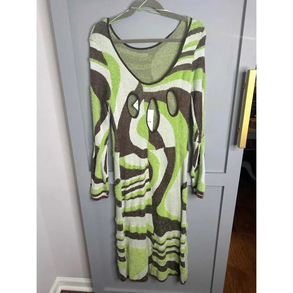 House of Sunny NWTSwirl Fuzzy Knit Midi Dress Green Brown Cut Out Back SIZE 10